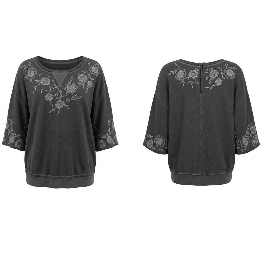 Free People Inde Gray Embroidered Scoop Neck Knit Top Women Size S/P